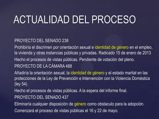PROYECTO DEL SENADO 238
Prohibiría el discrimen por orientación sexual e identidad de género en el empleo,
la vivienda y o...