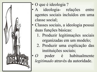 • O que é ideologia ?
• A ideologia- relações entre
agentes sociais incluídos em uma
classe social;
• Classes sociais, a ideologia possui
duas funções básicas:
1. Produzir legitimações sociais
organizadas em um modelo;
2. Produzir uma explicação das
instituições sociais;
•O
poder
é
habitualmente
legitimado através da autoridade.

 