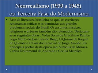 Neorrealismo (1930 a 1945)Neorrealismo (1930 a 1945)
ou Terceira Fase do Modernismoou Terceira Fase do Modernismo
• Fase da literatura brasileira na qual os escritores
retomam as críticas e as denúncias aos grandes
problemas sociais do Brasil. Os assuntos místicos,
religiosos e urbanos também são retomados. Destacam-
se as seguintes obras : Vidas Secas de Graciliano Ramos,
Fogo Morto de José Lins do Rego, O Quinze de Raquel
de Queiróz e O País do Carnaval de Jorge Amado. Os
principais poetas desta época são: Vinícius de Moraes,
Carlos Drummond de Andrade e Cecília Meireles.
 