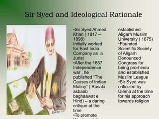 Sir Syed and Ideological Rationale
•Sir Syed Ahmed
Khan ( 1817 –
1898)
Initially worked
for East India
Company as a
Jurist
•After the 1857
Independence
war , he
published “The
Causes of Indian
Mutiny” ( Rasala
asbaab
baghaawat e
Hind) – a daring
critique at the
time
•To promote
established
Aligarh Muslim
University ( 1875)
•Founded
Scientific Society
of Aligarh
Denounced
Congress for
being pro-hindu
and established
Muslim League
•Sir Syed was
criticized by
Ulema at the time
for his approach
towards religion
 