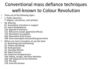 Conventional mass defiance techniques
well-known to Colour Revolution
• These are of the following types:
• 1. Public Speeches
7. Slogans, caricatures, and symbols.
• 38. Marches
47. Assemblies of protest or support
63. Social disobedience
124. Boycott of elections
131. Refusal to accept appointed officials
173. Nonviolent occupation
183. Nonviolent land seizure
198. Dual sovereignty and parallel government
• Others are more innovative, to say the least:
12. Skywriting and earthwriting
22. Protest disrobings
30. Rude gestures
32. Taunting officials
44. Mock funerals
69. Collective disappearance
140. Hiding, escape, and false identities
158. Self-exposure to the elements
159. The fast
178. Guerrilla theatre.
 