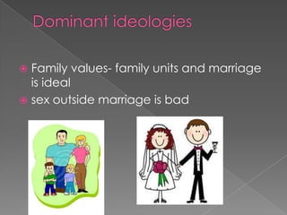 Dominant ideologiesFamily values- family units and marriage is idealsex outside marriage is bad