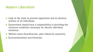 Modern Liberalism
 Look at the state to prevent oppression and to advance
welfare of all individuals
 Government should have a responsibility in providing the
minimum conditions necessary for decent individual
existence.
 Welfare state (Scandinavian, post industrial countries)
 Environmentalism and Feminism
 