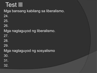 Test lll
Mga bansang kabilang sa liberalismo.
24.
25.
26.
Mga nagtaguyod ng liberalismo.
27.
28.
29.
Mga nagtaguyod ng sosyalismo
30.
31.
32.
 