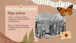Paksa 1- Ang Kahulugan,
Kategorya at Ibat-ibang Uri
ng Ideolohiya
Paksa 2- Mga Puwersang
Pangkabuhayan sa Pulitika
ng Bansa
.
Mga paksa
 