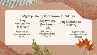 Ang
Komunismo
sa Russia
Ang Pasismo
(Fascism) sa
Italy
Elaborate on
what you want to
discuss
Ang Nazismo sa
Germany
Mga Epekto ng Kabuhayan sa Pulitika
Elaborate on
what you want to
discuss
Elaborate on
what you want to
discuss
 