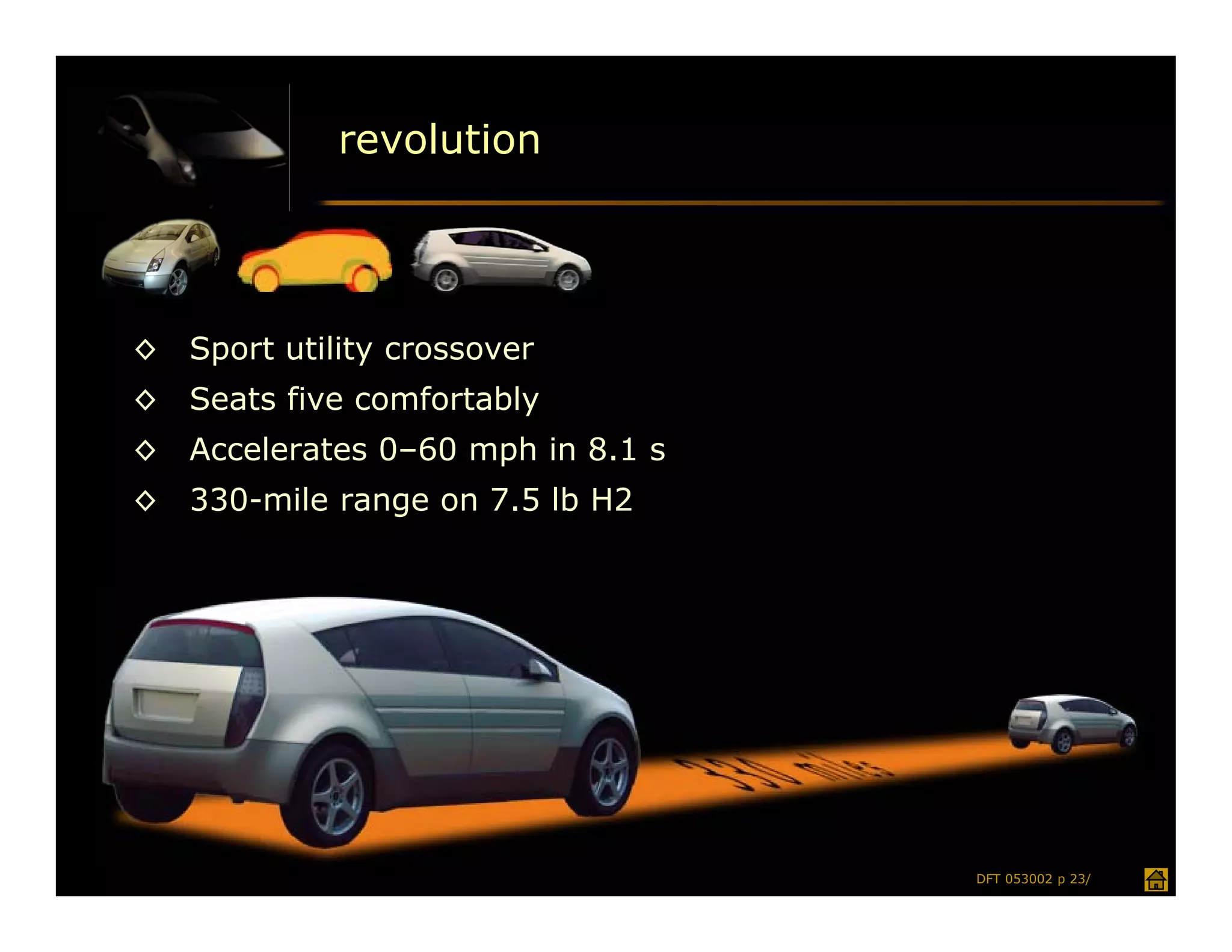 revolution




◊   Sport utility crossover
◊   Seats five comfortably
◊   Accelerates 0–60 mph in 8.1 s
◊   330-mile range on 7.5 lb H2




                                    DFT 053002 p 23/
 