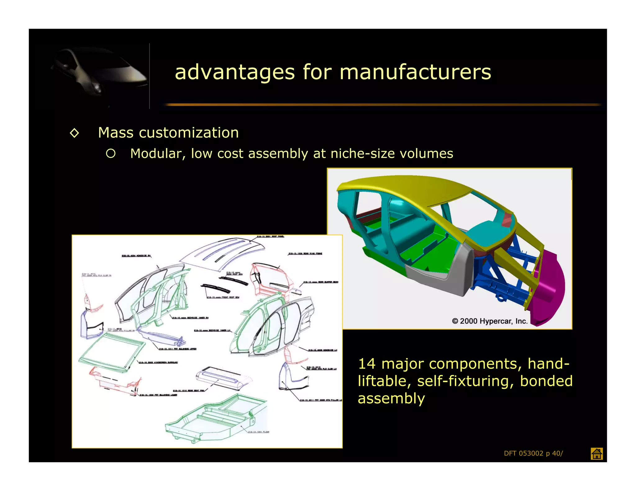 advantages for manufacturers

◊   Mass customization
       Modular, low cost assembly at niche-size volumes




                                         14 major components, hand-
                                         liftable, self-fixturing, bonded
                                         assembly


                                                              DFT 053002 p 40/
 