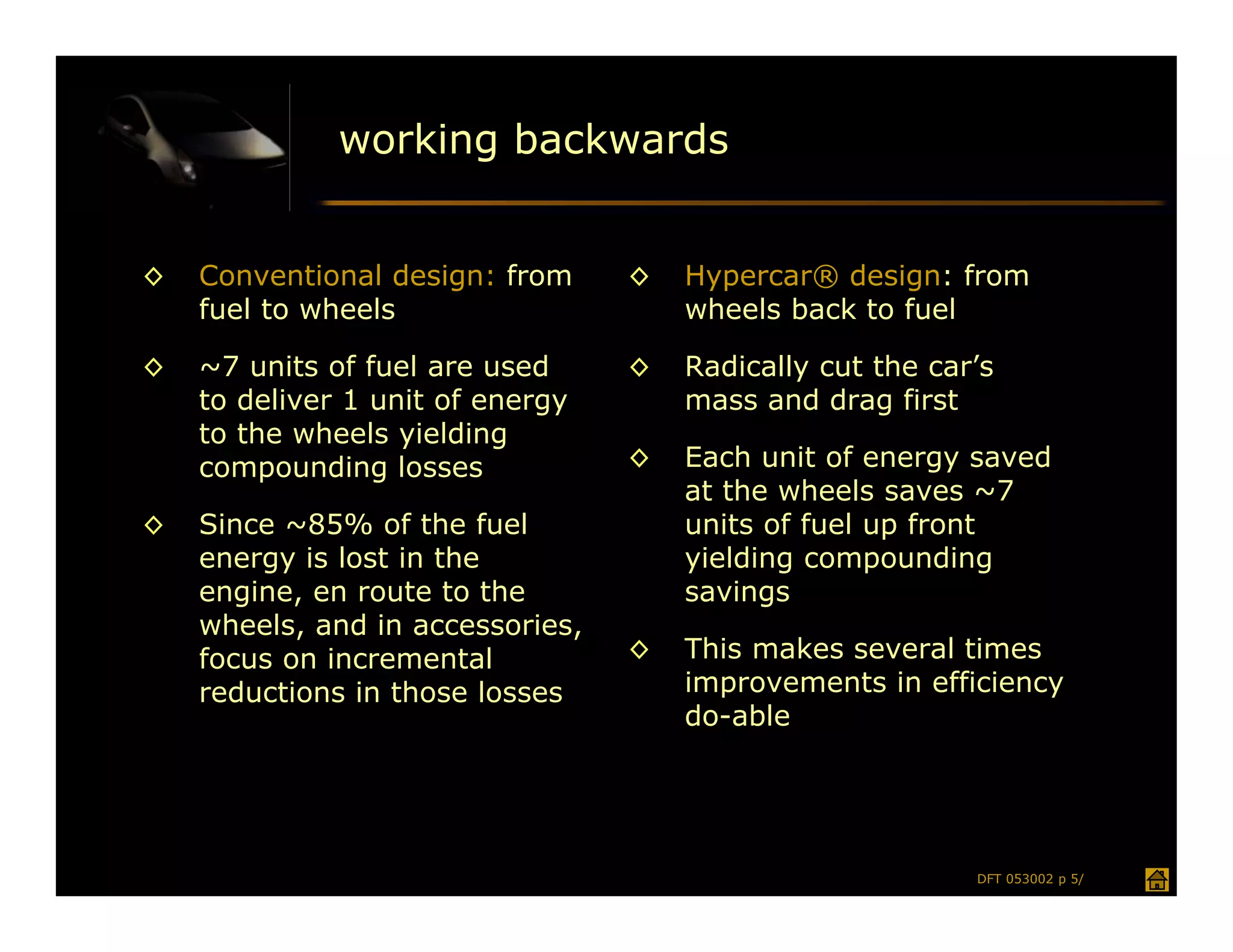 working backwards


◊   Conventional design: from     ◊   Hypercar® design: from
    fuel to wheels                    wheels back to fuel

◊   ~7 units of fuel are used     ◊   Radically cut the car’s
    to deliver 1 unit of energy       mass and drag first
    to the wheels yielding
    compounding losses            ◊   Each unit of energy saved
                                      at the wheels saves ~7
◊   Since ~85% of the fuel            units of fuel up front
    energy is lost in the             yielding compounding
    engine, en route to the           savings
    wheels, and in accessories,
    focus on incremental          ◊   This makes several times
    reductions in those losses        improvements in efficiency
                                      do-able




                                                           DFT 053002 p 5/
 