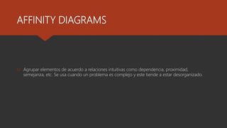AFFINITY DIAGRAMS
 Agrupar elementos de acuerdo a relaciones intuitivas como dependencia, proximidad,
semejanza, etc. Se usa cuando un problema es complejo y este tiende a estar desorganizado.
 