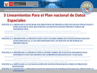 INFRAESTRUCTURA NACIONAL DE DATOS ESPACIALES
POLÍTICA 1. ORDENAR E INTEGRAR LOS PROCESOS DE PRODUCCIÓN DE DATOS ESPACIALES Y
FORTALECER EL ROL RECTOR DE LAS INSTITUCIONES PRODUCTORAS DE
INFORMACIÓN.
Lineamiento 1.1. Definir las competencias institucionales en cuanto a la producción de cartografía básica y temática.
Lineamiento 1.2. Impulsar el uso de estándares en los procesos de producción de datos espaciales como base para integración
cartográfica nacional.
Lineamiento 1.3. Impulsar procesos inter-institucionales de validación y/o certificación de datos espaciales.
POLÍTICA 2. PROMOVER LA PRODUCCIÓN USO E INTERCAMBIO DE DATOS ESPACIALES EN
CONCORDANCIA A LAS NECESIDADES DE LAS POLÍTICAS DE PÚBLICAS
PRIORITARIAS.
Lineamiento 2.1. Apoyar al sistema nacional de inversión pública en la obtención de información sectorial para focalizar la inversión en
ocho funciones básicas y cinco funciones complementarias definidas por del estado.
Lineamiento 2.2. Promover la producción actualización e intercambio de datos espaciales para apoyar la gestión del riesgo de desastres
en el marco de la ley 29664, ley del sistema nacional de gestión del riesgo de desastres.
POLÍTICA 3. PRIORIZAR LA PRODUCCIÓN E INTERCAMBIO DE DATOS FUNDAMENTALES
SENSIBLES O DE USO MASIVO DE GOBIERNOS REGIONALES Y LOCALES.
Lineamiento 3.1. Definir una base de datos única de límites administrativos referenciales, en tanto no se culmine con el proceso de
saneamiento de límites a nivel nacional.
Lineamiento 3.2. Facilitar el acceso a los distintos niveles de gobierno a la información de la red geodésica nacional con el objeto de
promover la producción cartográfica, el proceso de catastro predial y la titulación.
POLÍTICA 4. IMPULSAR LA CATALOGACIÓN DE DATOS ESPACIALES COMO UN PROCESO
SOSTENIDO
POLÍTICA 5. PROMOVER LA IMPLEMENTACIÓN DE SERVICIOS DE INFORMACIÓN ESPACIAL ORIENTADOS AL
CIUDADANO
3 Lineamientos Para el Plan nacional de Datos
Espaciales
 