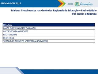 PRÊMIO IDEPE 2016
Maiores Crescimentos nas Gerências Regionais de Educação – Ensino Médio
Por ordem alfabética
ESCOLAS
MATA NORTE(NAZARÉ DA MATA)
METROPOLITANO NORTE
RECIFE NORTE
RECIFE SUL
SERTAO DO MOXOTO IPANEMA(ARCOVERDE)
 
