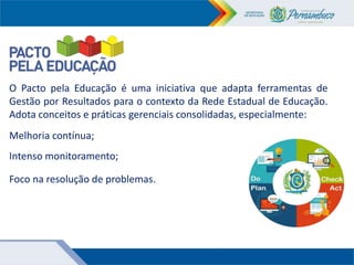O Pacto pela Educação é uma iniciativa que adapta ferramentas de
Gestão por Resultados para o contexto da Rede Estadual de Educação.
Adota conceitos e práticas gerenciais consolidadas, especialmente:
Melhoria contínua;
Intenso monitoramento;
Foco na resolução de problemas.
 
