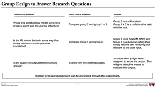 Independent Design Engineering Project
Harvard University Master of Design Engineering“Proposal for A New Ideation Process”
Togo Kida
Group Design to Answer Research Questions
Number of research questions can be answered through this experiment.
Question to be Answered
Would this collaborative model between a
creative agent and the user be effective?
Is the ML model better in some way than
simply randomly showing text as
inspiration?
How it Could be Answered?
Compare group 2 and group 1 + 3.
Rationale
Compare group 1 and group 3.
Group 2 is a solitary task.
Group 1 + 3 is a collaborative task
with the tool.
Group 1 uses AI(LSTM-RNN) and
Group 2 is a dummy system that
simply returns text randomly, not
relevant to the user input.
Is the quality of output different among
groups?
Scores from the external judges.
3 independent judges were
assigned to score the output. This
will give objective means to
evaluate the output.
29
 