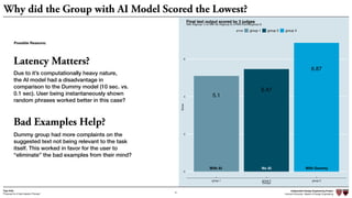 Independent Design Engineering Project
Harvard University Master of Design Engineering“Proposal for A New Ideation Process”
Togo Kida
41
5.1
5.47
6.87
0
2
4
6
group 1 group 2 group 3
GroupsScore
group group 1 group 2 group 3
With AI(group 1) vs With No AI(group 2) vs With Dummy(group 3)
Final text output scored by 3 judges
Why did the Group with AI Model Scored the Lowest?
Possible Reasons:
Latency Matters?
Bad Examples Help?
Due to it’s computationally heavy nature,
the AI model had a disadvantage in
comparison to the Dummy model (10 sec. vs.
0.1 sec). User being instantaneously shown
random phrases worked better in this case?
Dummy group had more complaints on the
suggested text not being relevant to the task
itself. This worked in favor for the user to
“eliminate” the bad examples from their mind?
With AI No AI With Dummy
 