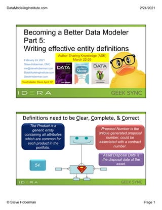 DataModelingInstitute.com 2/24/2021
© Steve Hoberman Page 1
Becoming a Better Data Modeler
Part 5:
Writing effective entity definitions
February 24, 2021
Steve Hoberman, DMC
me@stevehoberman.com
DataModelingInstitute.com
SteveHoberman.com
Author Sharing Knowledge (ASK)
March 22-26
Next Master Class April 12!
Definitions need to be Clear, Complete, & Correct
54.
Proposal Number is the
unique generated proposal
number, could be
associated with a contract
number.
Asset Disposal Date is
the disposal date of the
asset.
The Product is a
generic entity
containing all attributes
which are common for
each product in the
portfolio.
 