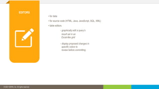 © 2019 IDERA, Inc. All rights reserved.
• for data
• for source code (HTML, Java, JavaScript, SQL, XML)
• table editors
- graphically edit a query’s
result set in an
Excel-like grid
- display proposed changes in
specific colors to
review before committing
© 2021 IDERA, Inc. All rights reserved.
EDITORS
 