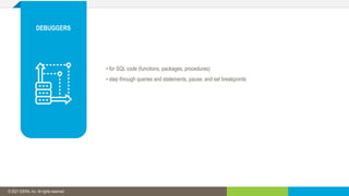 © 2019 IDERA, Inc. All rights reserved.
• for SQL code (functions, packages, procedures)
• step through queries and statements, pause, and set breakpoints
© 2021 IDERA, Inc. All rights reserved.
DEBUGGERS
 
