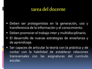 tareadeldocente
 Deben ser protagonistas en la generación, uso y
transferencia de la información y el conocimiento.
 Deben promover el trabajo inter y multidisciplinario.
 El desarrollo de nuevas estrategias de enseñanza y
de aprendizaje.
 Ser capaces de articular la teoría con la práctica y de
contar con la habilidad de establecer relaciones
transversales con las asignaturas del currículo
escolar.
 