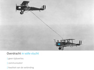 Overdracht in volle vlucht 
| geen tijdsverlies 
| communicatie! 
| kwaliteitvan de verbinding  