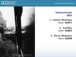 http://www.fee.rs.gov.br
Ranking Municipal
2012
1. Carlos Barbosa
Idese: 0,871
2. Aratiba
Idese: 0,862
3. Nova Bassano
Idese: 0,848
Jeff Belmonte
https://www.flickr.com/photos/jeffbelmonte/90014135/
Alterado: [preto e branco]
 