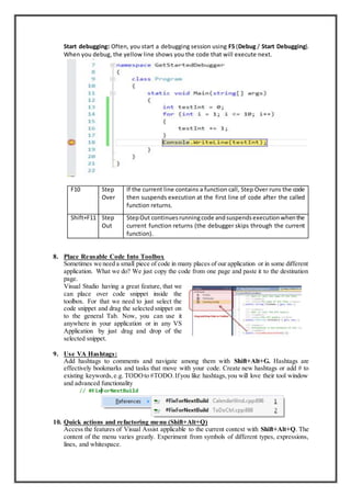 Start debugging: Often, you start a debugging session using F5 (Debug / Start Debugging).
When you debug, the yellow line shows you the code that will execute next.
F10 Step
Over
If the current line contains a function call, Step Over runs the code
then suspends execution at the first line of code after the called
function returns.
Shift+F11 Step
Out
StepOut continuesrunningcode andsuspendsexecutionwhenthe
current function returns (the debugger skips through the current
function).
8. Place Reusable Code Into Toolbox
Sometimes we need a small piece of code in many places of our application or in some different
application. What we do? We just copy the code from one page and paste it to the destination
page.
Visual Studio having a great feature, that we
can place over code snippet inside the
toolbox. For that we need to just select the
code snippet and drag the selected snippet on
to the general Tab. Now, you can use it
anywhere in your application or in any VS
Application by just drag and drop of the
selected snippet.
9. Use VA Hashtags:
Add hashtags to comments and navigate among them with Shift+Alt+G. Hashtags are
effectively bookmarks and tasks that move with your code. Create new hashtags or add # to
existing keywords,e.g. TODOto #TODO.Ifyou like hashtags,you will love their tool window
and advanced functionality
10. Quick actions and refactoring menu (Shift+Alt+Q)
Access the features of Visual Assist applicable to the current context with Shift+Alt+Q. The
content of the menu varies greatly. Experiment from symbols of different types, expressions,
lines, and whitespace.
 