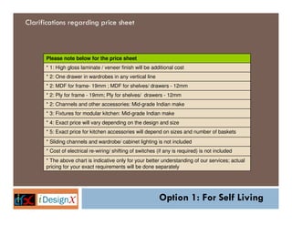 Clarifications regarding price sheet



      Please note below for the price sheet
      * 1: High gloss laminate / veneer finish will be additional cost
      * 2: One drawer in wardrobes in any vertical line
      * 2: MDF for frame- 19mm ; MDF for shelves/ drawers - 12mm
      * 2: Ply for frame - 19mm; Ply for shelves/ drawers - 12mm
      * 2: Channels and other accessories: Mid-grade Indian make
      * 3: Fixtures for modular kitchen: Mid-grade Indian make
      * 4: Exact price will vary depending on the design and size
      * 5: Exact price for kitchen accessories will depend on sizes and number of baskets
      * Sliding channels and wardrobe/ cabinet lighting is not included
      * Cost of electrical re-wiring/ shifting of switches (if any is required) is not included
      * The above chart is indicative only for your better understanding of our services; actual
      pricing for your exact requirements will be done separately




                                                            Option 1: For Self Living
 