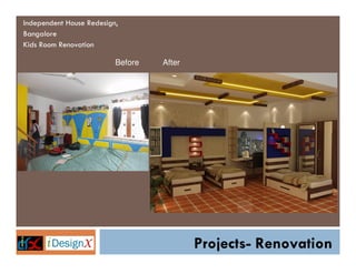 Independent House Redesign,
Bangalore
Kids Room Renovation

                          Before   After




                                           Projects- Renovation
 