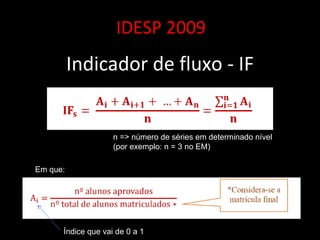 IDESP 2009 Indicador de fluxo - IF Em que: n => número de séries em determinado nível (por exemplo: n = 3 no EM) Índice que vai de 0 a 1 