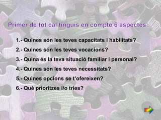 1.- Quines són les teves capacitats i habilitats?
2.- Quines són les teves vocacions?
3.- Quina és la teva situació familiar i personal?
4.- Quines són les teves necessitats?
5.- Quines opcions se t’ofereixen?
6.- Què prioritzes i/o tries?
 