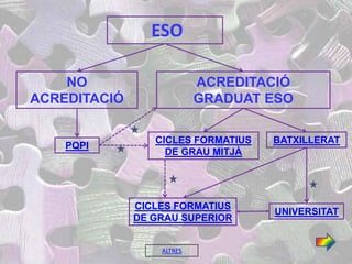ESO

    NO                     ACREDITACIÓ
ACREDITACIÓ                GRADUAT ESO

                 CICLES FORMATIUS   BATXILLERAT
    PQPI
                   DE GRAU MITJÀ




              CICLES FORMATIUS
                                    UNIVERSITAT
              DE GRAU SUPERIOR


                  ALTRES
 