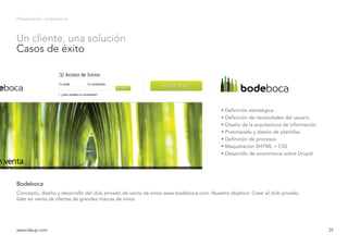 Presentación corporativa
Concepto, diseño y desarrollo del club privado de venta de vinos www.bodeboca.com. Nuestro objetivo: Crear el club privado
líder en venta de ofertas de grandes marcas de vinos.
Bodeboca
www.ideup.comwww.ideup.com 24
Un cliente, una solución
Casos de éxito
• Definición estratégica
• Definición de necesidades del usuario
• Diseño de la arquitectura de información
• Prototipado y diseño de plantillas
• Definición de procesos
• Maquetación XHTML + CSS
• Desarrollo de ecommerce sobre Drupal
 
