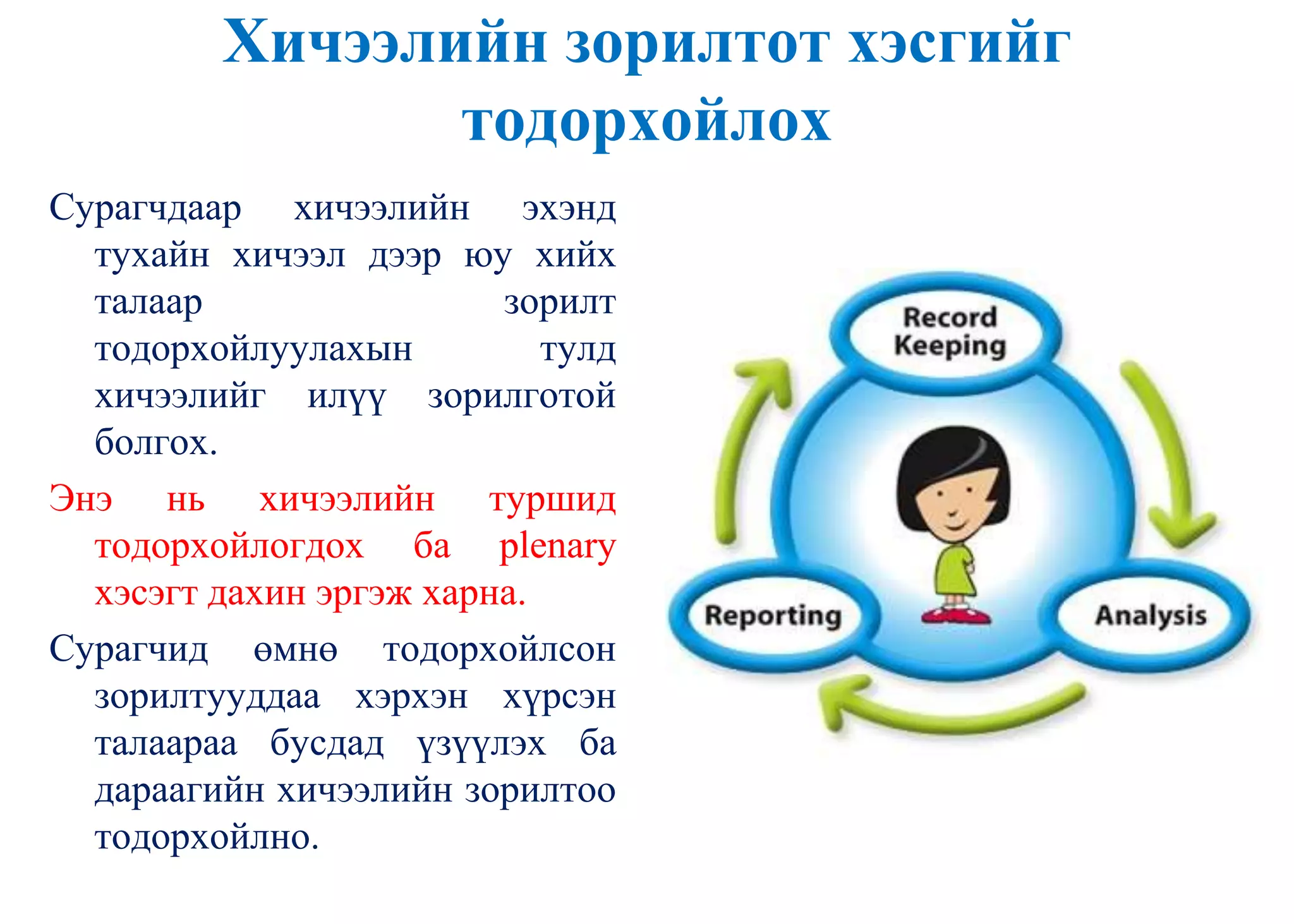 Хичээлийн зорилтот хэсгийг
тодорхойлох
Сурагчдаар хичээлийн эхэнд
тухайн хичээл дээр юу хийх
талаар зорилт
тодорхойлуулахын тулд
хичээлийг илүү зорилготой
болгох.
Энэ нь хичээлийн туршид
тодорхойлогдох ба plenary
хэсэгт дахин эргэж харна.
Сурагчид өмнө тодорхойлсон
зорилтууддаа хэрхэн хүрсэн
талаараа бусдад үзүүлэх ба
дараагийн хичээлийн зорилтоо
тодорхойлно.
 