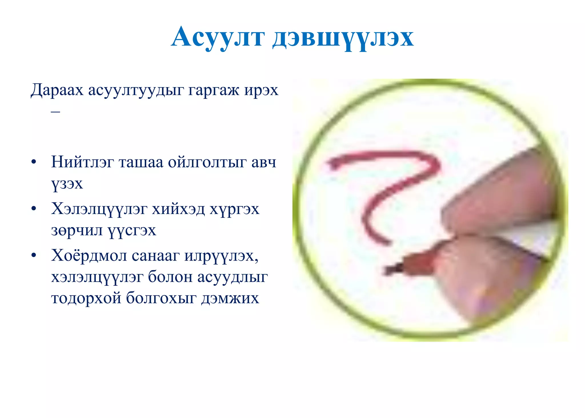 Асуулт дэвшүүлэх
Дараах асуултуудыг гаргаж ирэх
–
• Нийтлэг ташаа ойлголтыг авч
үзэх
• Хэлэлцүүлэг хийхэд хүргэх
зөрчил үүсгэх
• Хоѐрдмол санааг илрүүлэх,
хэлэлцүүлэг болон асуудлыг
тодорхой болгохыг дэмжих
 
