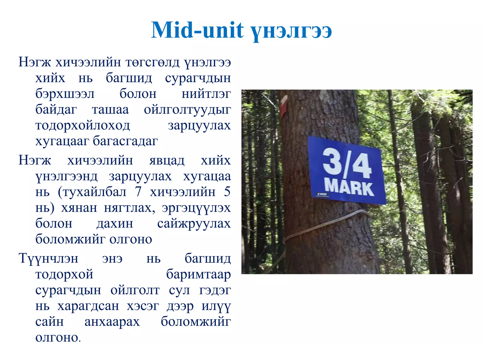 Mid-unit үнэлгээ
Нэгж хичээлийн төгсгөлд үнэлгээ
хийх нь багшид сурагчдын
бэрхшээл болон нийтлэг
байдаг ташаа ойлголтуудыг
тодорхойлоход зарцуулах
хугацааг багасгадаг
Нэгж хичээлийн явцад хийх
үнэлгээнд зарцуулах хугацаа
нь (тухайлбал 7 хичээлийн 5
нь) хянан нягтлах, эргэцүүлэх
болон дахин сайжруулах
боломжийг олгоно
Түүнчлэн энэ нь багшид
тодорхой баримтаар
сурагчдын ойлголт сул гэдэг
нь харагдсан хэсэг дээр илүү
сайн анхаарах боломжийг
олгоно.
 