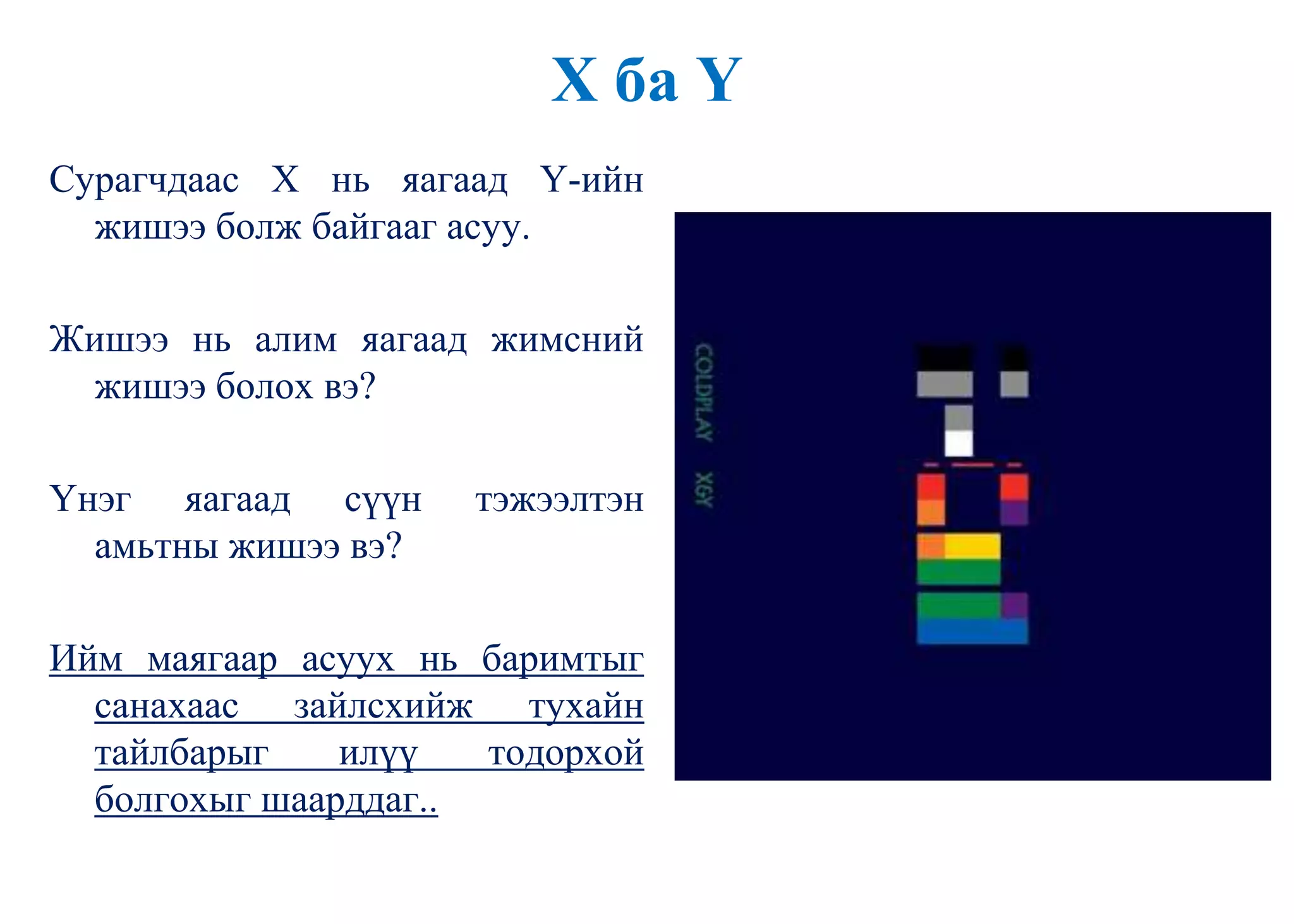 X ба Y
Сурагчдаас Х нь яагаад Ү-ийн
жишээ болж байгааг асуу.
Жишээ нь алим яагаад жимсний
жишээ болох вэ?
Үнэг яагаад сүүн тэжээлтэн
амьтны жишээ вэ?
Ийм маягаар асуух нь баримтыг
санахаас зайлсхийж тухайн
тайлбарыг илүү тодорхой
болгохыг шаарддаг..
 