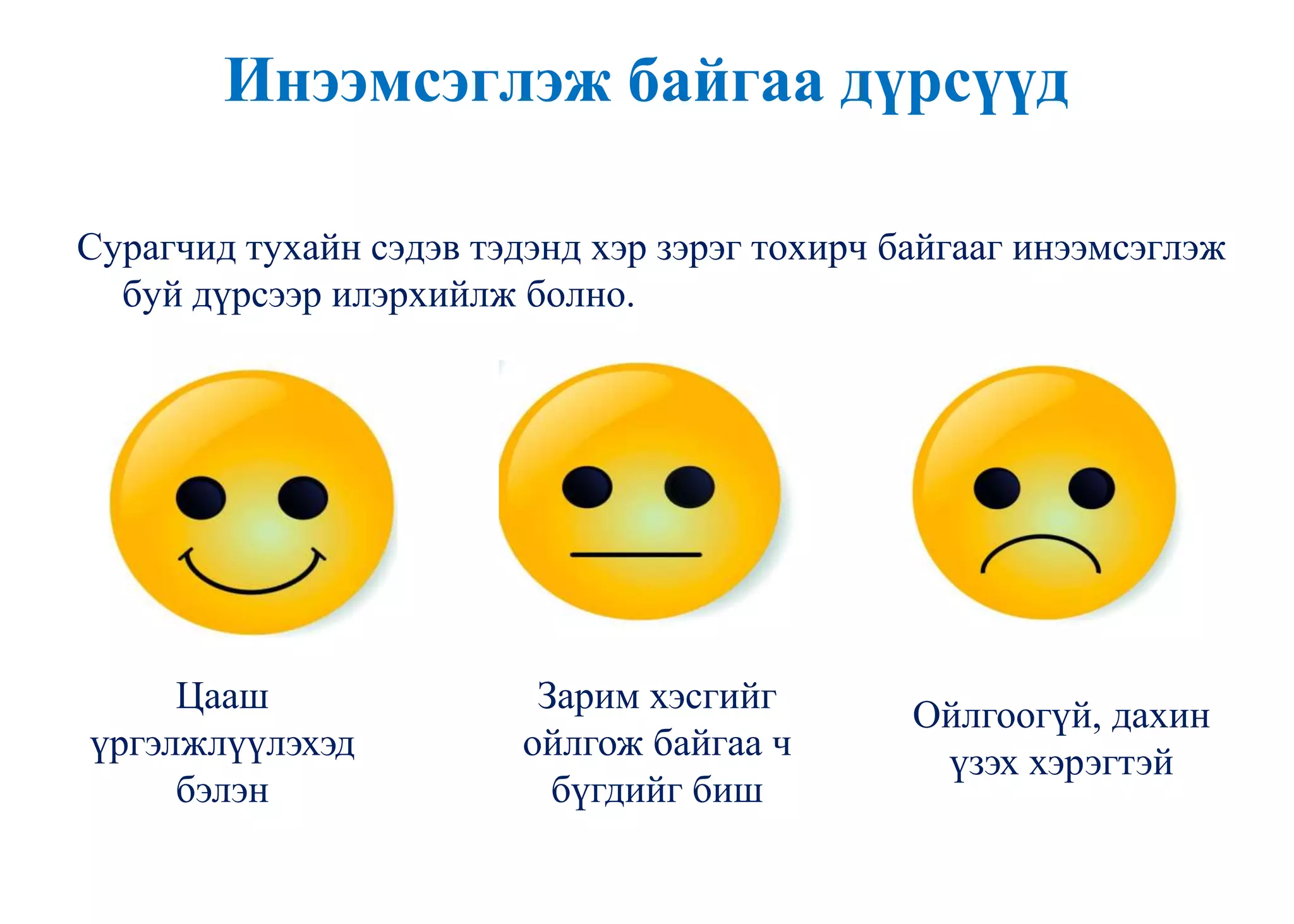 Инээмсэглэж байгаа дүрсүүд
Сурагчид тухайн сэдэв тэдэнд хэр зэрэг тохирч байгааг инээмсэглэж
буй дүрсээр илэрхийлж болно.
Цааш
үргэлжлүүлэхэд
бэлэн
Зарим хэсгийг
ойлгож байгаа ч
бүгдийг биш
Ойлгоогүй, дахин
үзэх хэрэгтэй
 
