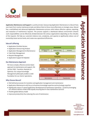  




                                                                                                                          Application Maintenance 
 
Application Maintenance and Support is a profound task. Outsourcing Application Maintenance to Idexcel frees 
your team from routine maintenance tasks and allows them to focus more effectively on strategic areas. Idexcel 
has  a  well‐defined  and  advanced  Application  Maintenance  process  which  allows  effective  capture,  reporting, 
and  resolution  of  maintenance  requests.  This  process  supports  a  distributed  delivery  environment  wherein 
work responsibilities can be effectively divided between the various organizations depending on the criticality 
of the requests. We help our customers balance cost, complexity, and capacity to significantly reduce cost of 
ownership, boost service levels, and create new operational efficiencies. 
 
Idexcel’s Offering 
    •   Application Portfolio Review  
    •   Application Outsourcing Analysis 
    •   Application Management & Maintenance 
    •   Task Order Management  
    •   Request Management 
    •   Application Support & Helpdesk 
 
Our Maintenance Approach 
    We have a simple, effective and de‐risked 
    approach to maintenance and support. We 
    call this TMO:  Transition, Maintain, & 
    Optimize. Our unique Knowledge 
    Management philosophy enables a solid 
    foundation for our clients’ operations. 
 
Why Choose Idexcel? 
    • Well defined processes for transition and application management and maintenance 
    • Application Maintenance with focus on business knowledge expertise and technology expertise 
    • Significantly reduce IT spend (application development & maintenance spend) by ~ 35‐60% by leveraging 
      our offshore delivery model while equally ensuring best‐in‐class maintenance services 
    • Flexible global delivery model   
    • Improved productivity thus reducing the cost of maintenance  




                                                                                                                   Idexcel, Inc. 
                                                                                                              459 Herndon Parkway 
                                                                                                                     Suite 10 
                                                                                                                Herndon, VA 20170 
                                                                                                                 (703) 230‐2600 
                                                                                                                          
                                                                                                                www.idexcel.com 
                                                                                                                          
                                                                                                              inquiry@idexcel.com 

                                                                    
 