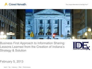 Business First Approach to Information Sharing:   R
                                                  E

Lessons Learned from the Creation of Indiana’s    T
                                                  U
                                                  R
Strategy & Solution                               N

                                                  O
                                                  N


                                                  I
February 5, 2013                                  N
                                                  V
                                                  E
                                                  S
                                                  T
 