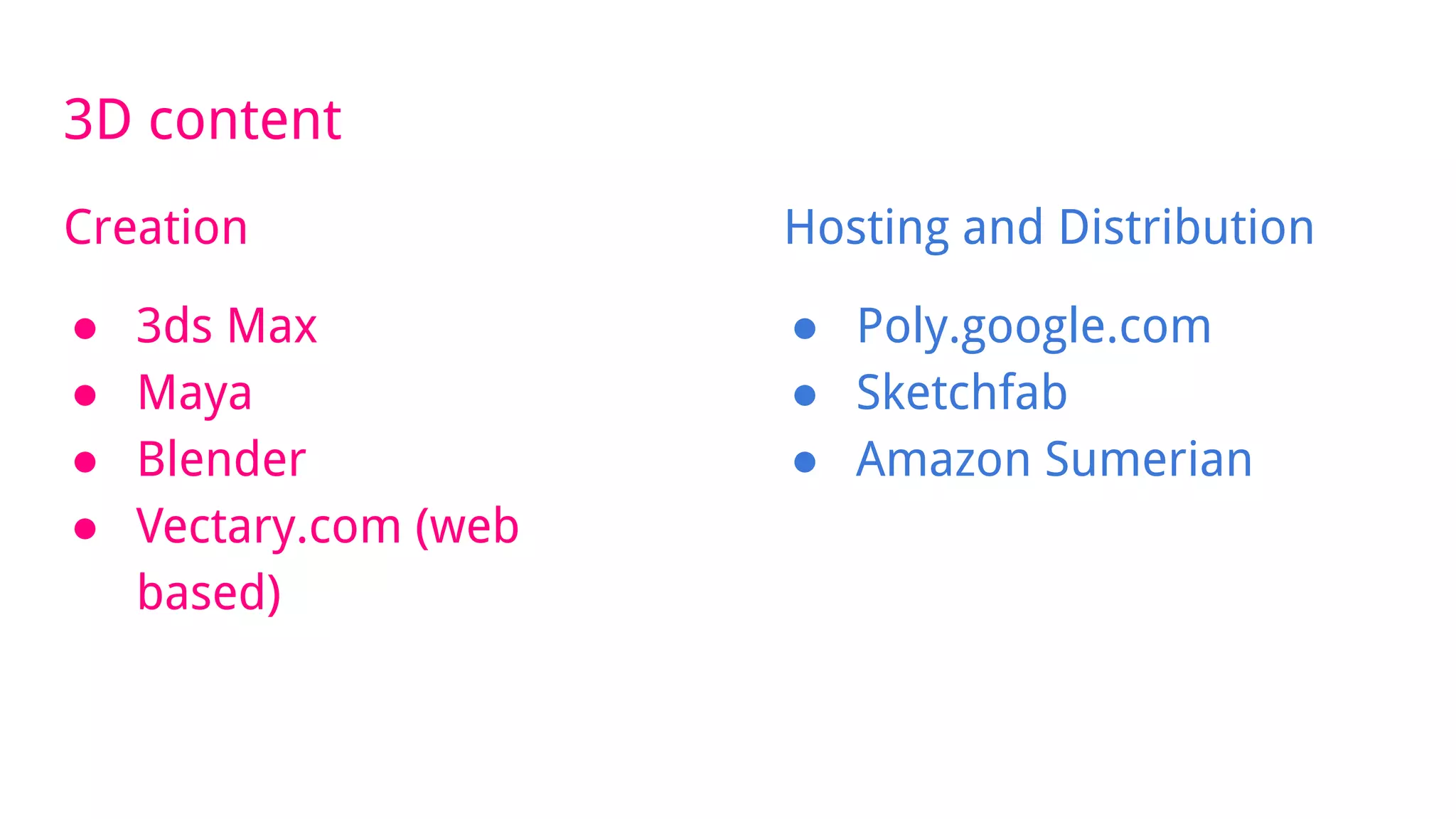 3D content
Creation
● 3ds Max
● Maya
● Blender
● Vectary.com (web
based)
Hosting and Distribution
● Poly.google.com
● Sketchfab
● Amazon Sumerian
 