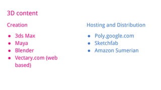 3D content
Creation
● 3ds Max
● Maya
● Blender
● Vectary.com (web
based)
Hosting and Distribution
● Poly.google.com
● Sketchfab
● Amazon Sumerian
 