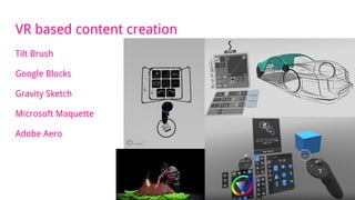 VR based content creation
Tilt Brush
Google Blocks
Gravity Sketch
Microsoft Maquette
Adobe Aero
 