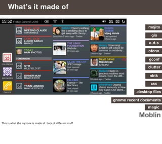 What’s it made of
     Thus

                                                                              mojito

                                                                                gio

                                                                              e-d-s

                                                                              ofono

                                                                              gconf

                                                                              clutter

                                                                               nbtk

                                                                               css

                                                                        .desktop ﬁles

                                                              gnome recent documents
                                                                              magic

                                                                         Moblin
This is what the myzone is made of. Lots of different stuff
 