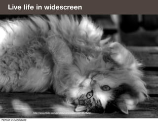 Live life in widescreen




                        http://www.flickr.com/photos/petergiger/3931462820/

Portrait vs landscape
 