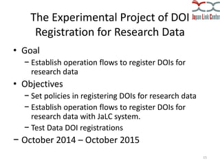 The Experimental Project of DOI
Registration for Research Data
• Goal
− Establish operation flows to register DOIs for
res...
