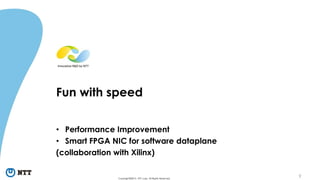 9Copyright©2015 NTT corp. All Rights Reserved.
Fun with speed
• Performance Improvement
• Smart FPGA NIC for software data...