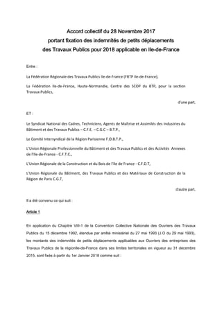 Accord collectif du 28 Novembre 2017
portant fixation des indemnités de petits déplacements
des Travaux Publics pour 2018 ...