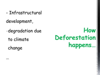 - Infrastructural
development,
-degradation due
to climate
change
…
How
Deforestation
happens…
 