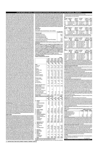 IN THE NATURE OF FORM 2A - MEMORANDUM CONTAINING SALIENT FEATURES OF THE PROSPECTUS - TRANCHE 2
(including long-term loan), working capital finance, overdraft, cash credit, refinance or in any other form, whether with or without security to investment banking business of IDFC Capital and the institutional brokerage business of IDFC Securities, which were acquired in 2007; Public the BSE and NSE, stock market data has been given separately for each of these Stock Exchanges.
                                                                                                                                                                                                                                                                                         ●

institutions, banks, bodies corporate (whether or not incorporated), firms, associations authorities, bodies, trusts, agencies, societies or any MarketsAsset Management, which comprises the mutual funds business that we acquired from Standard Chartered Bank in 2008; Alternative a. The high and low closing prices recorded on the BSE and NSE during the last three years and the number of Equity Shares traded
                                                                                                                                                                                                                                                                                     ●

other person or persons engaged in or in connection with either directly or indirectly and whether wholly or in part, for the purposes of Asset Management, which includes our private asset management and project management businesses; and Advocacy and Nation Building, on the days the high and low prices were recorded are stated below. :
                                                                                                                                                                                                                                                                 ●

infrastructure development work or providing infrastructure facility or engaged in infrastructure activities, which shall include work or facility or through which we remain actively involved in providing policy formulation and advocacy, institutional capacity building to structure public-private NSE:
providing of services in relation to or in connection with setting up, development, construction, operation, maintenance, modernisation, partnerships,governmenttransactionadvisoryservicesandcorporatesocialresponsibilityinitiatives.Thesebusinessplatformsaresupportedbya Year ended High Date of                                                               Volume on Low Date of                              Volume on Average
expansion and improvement of any infrastructure project or facility including roads, highways, railways, airways, waterways, ports, transport shared services platform that includes information technology, human resources, legal and compliance, secretarial services, risk management, March 31                               (`) High;
                                                                                                                                                                                                                                                                                                                                   `                              date of (no.          (`) Low
                                                                                                                                                                                                                                                                                                                                                                                         `                          date of (no. price for the
systems, bridges, tele-communication and other communication systems, systems for generation or storage or transmission or distribution financeandfacilities.OurclientsincludeprominentparticipantsininfrastructuredevelopmentinIndiaandourproductportfoliocaterstothediverse                                                           high                        of shares)                                         of shares) year (`)      `
of power, irrigation and irrigation systems, sewerage, water supply, sanitation, health, tourism, education, oil & gas (excluding exploration), needsoftheseclientsacrossalllayersofthecapitalstructure.Ourmainfocushasbeenontheenergy,transportationandthetelecommunicationsand 2011                                        218.25 November 8, 2010 5,843,845 115.45 February 9, 2011 19,644,495                                          173.72
food and agriculture infrastructure and setting up of industrial areas. 3. To carry on the business of providing, whether in India or abroad, informationtechnologysectors,andweexpecttoseecontinuedgrowthandsignificantfinancingopportunitiesinthesesectors.Inviewofourhistorical 2010                                      178.00 November 18, 2009 11,574,838 57.60 April 1, 2010                                     9,071,380         139.81
guaranteesandcounterguarantees,let ersofcredit,indemnitiesandotherformofcreditenhancementstocompaniesengagedindevelopment andintendedgrowthandtheincreasinglyinterconnectednatureofourbusinesses,infiscal2010welaunchedthe'OneFirm'initiative,whichseeks 2009                                                                180.70 May 2, 2008                      7,602,559 44.80 March 12, 2009 10,650,948                               90.52
or financing of infrastructure work or activity, whether by way of personal covenant or by mortgaging or charging all or any part of the toforgeouridentityandbrandacrossourvariousplatformsandbusinesses.Webelievethatthisinitiativewil enableustoemergeasabetteraligned Source: www.nseindia.com; The average price has been computed based on the daily closing price of Equity Shares.
undertaking, property or assets of the company, both present and future, wherever situated or in any other manner and in particular to andintegratedfirmthatpresentsaunifiedvaluepropositiontoourclients.Forfurtherdetails,pleaserefer“OurBusiness”beginningonpage63ofthe BSE:
guarantee the payment of any principal moneys, interests or other moneys secured by or payable under contracts, obligations, debentures, ProspectusTranche2.                                                                                                                                                Year ended High Date of                                Volume on Low Date of                              Volume on Average
bonds, debenture stocks, mortgages, charges, repayment of capital moneys and the payments of dividends in respect of stocks and shares CAPITAL STRUCTURE                                                                                                                                                    March 31              (`) High;
                                                                                                                                                                                                                                                                                                                                   `                              date of (no.          (`) Low
                                                                                                                                                                                                                                                                                                                                                                                         `                          date of (no. price for the
or the performance of any other obligations by such companies. 4. To mobilise capital from financial investors and to manage the investment Details of share capital                                                                                                                                                                    high                        of shares)                                         of shares) year (`)      `
of such funds in infrastructure projects. 5.To carry on the business of negotiating loans and advances of all nature, to formulate schemes for The share capital of the Company as at the date of the Prospectus - Tranche 2 is set forth below:                                                            2011             218.20 November 8, 2010                    964,694 115.90 February 9, 2011 2,395,025                          173.63
the purpose of mobilisation of resources and extension of credit for infrastructure development projects and to act as underwriters to the issue                                                                                                                           Amount (` in million)
                                                                                                                                                                                                                                                                                       `                    2010             177.40 November 18, 2009 2,079,930 57.55 April 1, 2010                                      2,375,552         139.76
ofstocks,shares,bonds,debenturesandsecurityofeverydescriptionofcompaniesengagedwhollyorinpartinthedevelopmentorfinancing                                 Authorised share capital
of infrastructure development work or activity. 6.To promote the development of primary and secondary market for shares and securities of                                                                                                                                                                   2009             179.90 May 2, 2008                      2,185,415 44.70 March 12, 2009 16,117,046                               90.53
                                                                                                                                                         4,000,000,000 Equity Shares of ` 10 each                                                                                          40,000.0         Source: www.bseindia.com; The average price has been computed based on the daily closing price of Equity Shares.
various kinds including equity, debt, quasi equity, subordinated debt, derivatives and such other securities as may be permissible, issued by            100,000,000 Preference Shares of ` 100 each                                                                                        10,000.0
companies engaged in infrastructure development work or projects and to provide assistance in placement of shares and securities by such                                                                                                                                                                  b. The high and low prices and volume of Equity Shares traded on the respective dates during the last six months are as follows:
companieswithforeignandlocalinvestors,tosubscribetothesharesandsecuritiesbeingissuedbythemandtogenerallydo allactivitiesand                              Issued, subscribed and paid up share capital                                                                                                     NSE
enter into all kinds of financial arrangements so as to enable mobilising of funds by such companies and ensuring liquidity for the investors            1,463,537,336 Equity Shares of ` 10 each, fully paid up                                                                            14,635.3        Month, Year High Date of                                 Volume on Low Date of                              Volume on Average
investinginsharesandsecuritiesissuedbysuchcompanies. 7.Tocarryonalloranyofthebusinessofproducers,manufacturers,generators,                               84,000,000 compulsorily convertible cumulative Preference Shares of ` 100 each, fully paid up                                       8,400.0                                 (`) High;
                                                                                                                                                                                                                                                                                                                                      `                           date of (no. of (`) Low`                          date of (no. of price for the
suppliers, distributors, transformers, converters, transmitters, processors, developers, storers, procurers, carriers and dealers in electricity, all    Securities premium account as on November 30, 2011                                                                                 44,788.3                                       high                   Equity Shares)                                    Equity Shares) year (`)      `
formsofenergyandanysuchproductsandby-productsderivedfromsuchbusinessincludingwithoutlimitation,steam,fuels,ash,conversion For further details on our Capital Structure, please see section titled “Capital Structure” beginning on page 44 of the Prospectus Tranche2.                                      December, 2011 119.35 December 7, 2011 6,671,857 90.90 December 30, 2011 6,397,124                                              104.27
of ash into bricks and any product derived from or connected with any other form of energy, including, without limitation to conventional OUR MANAGEMENT                                                                                                                                                    November, 2011 135.95 November 2, 2011 5,477,059 101.25 November 23, 2011 10,230,399                                             115.75
sources such as heat, thermal, hydel and/or from non-conventional sources such as tidal wave, wind, solar, geothermal, biological, biogas Deepak S. Parekh, Designation: Non-Executive Chairman; Occupation: Professional; Bimal Julka, Designation: Non-Executive October 2011 135.00 October 31, 2011                                                                 5,716,522 107.00 October 4, 2011                   4,630,543        121.99
andCBMoranyofthebusinessofpurchasers,creators,generators,manufacturers,producers,procurers,suppliers,distributors,converters, Director, nominee of Government of India; Occupation: Service; S. S. Kohli, Designation: Non-Executive Director, nominee of September 2011 118.45 September 9, 2011 9,260,467 106.55 September 23, 2011 59,69,012                                                                                              111.82
processors, developers, storers, carriers and dealers in, design or otherwise acquire to use, sell or transfer or otherwise dispose of electricity, Government of India; Occupation: Professional Abdul Rahim Abu Bakar, Designation: Non-Executive Director, nominee of                                    August 2011 130.30 August 1, 2011                           8,461,067 103.25 August 26, 2011                   9,330,747         116.47
steam, oil, gas, hydro or tidal, water, wind, solar, hydrocarbon fuels, fuel handling equipments and machinery and fuel handling facilities Domestic Institutions and Foreign Investors; Occupation: Professional; Marianne Økland, Designation: Independent Director; July 2011                                                 145.00 July 25, 2011                   3,415,855 122.40 July 29, 2011                   16,441,945         136.33
thereto and any products or by-products derived from any such business (including without limitation distil ate fuel oil and natural gas whether Occupation: Professional; S.H. Khan, Designation: Independent Director; Occupation: Professional; Gautam Kaji, Designation: Source: www.nseindia.com; The average price has been computed based on the daily closing price of Equity Shares.
in liquified or vaporized form), or other energy of every kind and description and stoves, cookers, heaters, geysers, biogas, plants, gas and Independent Director; Occupation: Professional; Donald Peck, Designation: Independent Director; Occupation: Professional; BSE :
steamturbines,boilers,generators,alternators,dieselgeneratingsetsandotherenergydevicesandappliancesofeverykind anddescription. Shardul Shroff, Designation: Independent Director; Occupation: Professional; Omkar Goswami, Designation: Independent Month, Year High Date of                                                                                         Volume on Low Date of                              Volume on Average
8. To provide, develop, own, maintain, operate, instruct, execute, carry out, improve, construct, repair, work, administer, manage, control, Director; Occupation: Professional; Rajiv B. Lall, Designation: Managing Director and Chief Executive Officer; Occupation:                                                              (`) High;
                                                                                                                                                                                                                                                                                                                                      `                           date of (no. of (`) Low`                          date of (no. of price for the
transfer on a Build, Operate andTransfer (BOT), or Build, Own, Operate andTransfer (BOOT) or Build, Operate, Lease andTransfer (BOLT) Company Executive; Vikram Limaye, Designation: Whole-time Director; Occupation: Company Executive.                                                                                                   high                   Equity Shares)                                    Equity Shares) year (`)      `
basis or otherwise, make tenders, apply or bid for, acquire, transfer to operating companies in the infrastructure sector, any infrastructure For additional details on our Board of Directors, please refer section titled “Our Management” on page 84 of the Prospectus Tranche 2.                        December, 2011 119.40 December 7, 2011                        842,177 91.20 December 30, 2011 1,144,746                         104.26
facilities in India or abroad, including but not limited to power, roads, bridges, airports, ports, waterways, rail system, highway projects, water SELECTED FINANCIAL INFORMATION                                                                                                                          November, 2011 135.60 November 2, 2011                        767,366 101.35 November 23, 2011 1,885,204                         115.79
supply projects, pipelines, sanitation and sewerage systems, telecommunication facilities, IT parks, urban infrastructure, housing projects, STATEMENT OF CONSOLIDATED PROFITS, AS RESTATED                                                                                                                 October 2011 134.70 October 31, 2011                          431,026 106.55 October 4, 2011                     747,259        121.91
industrial parks, commercial real estate projects, tourism, healthcare, education, oil and gas, retail logistics, Special Economic Zone (SEZ),                                                                                                                                                              September 2011 118.40 September 9, 2011 1,381,814 106.55 September 23, 2011 947,233                                              111.73
                                                                                                                                                                                                                                                                                     ` in Million           August 2011 130.35 August 1, 2011                           1,627,032 103.20 August 26, 2011                   1,113,744         116.50
mining, warehouses, factories, godowns, water treatment systems, solid waste management systems, steel, cement, other works or                                                                                           For the         For the For the For the For the
convenience of public or private utility involving public or private financial participation, either directly or through any subsidiary or group                                                                                                                                                            July 2011            144.60 July 25, 2011                     678,695 122.85 July 29, 2011                     1,949,899        136.37
                                                                                                                                                                                                                      financial financial financial financial financial                                    Source: www.bseindia.com; The average price has been computed based on the daily closing price of Equity Shares.
company, and to carry out the business on contractual basis, assign, convey, transfer, lease, auction, sell, the right to collect any rent, toll,                                                                 year ended year ended year ended year ended year ended II. Debentures: Debt securities issued by the Company, which are listed on NSE, are infrequently traded with limited or no volumes.
compensation, charges or either income from infrastructure projects undertaken by the Company either individually or as joint venture, with                                                                       31st March, 31st March, 31st March, 31st March, 31st March, Consequently, there has been no material fluctuation in prices or volumes of such listed debt securities. The long term infrastructure bonds
any other company/ firm/ individual/ consultant, whether in India or abroad. 9. To carry on the business of arranging or providing financial                                                                               2007            2008               2009             2010               2011 having benefits under Section 80CCF of the IncomeTaxAct, 1961 issued by the Company during the financial year 2010-11 have been listed
assistance independently or in association with any person in India or abroad, Government or any other agencies, whether incorporated or Income                                                                                                                                                           on the NSE and the BSE.There has been no trading in such bonds since their listing since there is a lock-in requirement of minimum 5 years.
not, in the form of lending or advancing money by way of a loan (including long term loan), working capital finance, overdraft, cash credit, Operating Income                                                       15,660.7 27,951.3 36,261.7 40,330.4 49,167.4 OTHER REGULATORY AND STATUTORY DISCLOSURES
refinancing, equity or quasi-equity financing or in any other form, whether with or without security to institution, banks, bodies corporate Other Income                                                                  51.9           113.6             104.0             296.1             162.9 Eligibility to come out with the Issue : The Company has not been restrained, prohibited or debarred by SEBI from accessing the
(whether or not incorporated), firms, associations authorities, bodies, trusts, agencies, societies or any other person or persons, engaged in Total                                                                15,712.6 28,064.9 36,365.7 40,626.5 49,330.3 securities market or dealing in securities and no such order or direction is in force.
the business of infrastructure of any nature or kind whatsoever, including those referred to in the main Object Clause, retail business, media Expenditure                                                                                                                                                Expert Opinion: Except the letter dated August 16, 2011 issued by Fitch and the letters dated August 17, 2011 and November 8,
and entertainment business, equipment manufacturer of any kind, exploration of oil and gas, steel, cement, mining activities and in search, Interest & Other Charges                                                   8,554.6 14,829.0 20,812.1 19,534.7 23,875.3 2011 issued by ICRAin respect of the credit rating for the Tranche 2 Bonds, and the report on our financial statements and statement
production, refining, processing etc. of coal, tin, ore, oil or other minerals ferrous and non ferrous or their products, co-products, by-products, Staff Expenses                                                        481.7 1,686.7 1,782.4 3,083.7 2,955.9 of tax benefits issued by the Statutory Auditor, the Company has not obtained any expert opinions.
alloy and derivatives thereof. 10.To carry on the business of arranging or providing financial assistance independently or in association with Establishment Expenses                                                      39.8           133.7             328.7             406.0             361.3 Minimum Subscription:In terms of the SEBI Debt Regulations, an issuer undertaking a public issue of debt securities is required to
any person, Government or any other agencies in India or abroad, whether incorporated or not, in the form of lending or advancing money by Other Expenses                                                                 255.2           638.4 1,316.0 1,630.3 1,601.6 disclose the minimum amount of subscription that it proposes to raise through the issue in the offer document. In the event that an
way of a loan (including long term loan), working capital finance, overdraft, case credit, refinancing, equity or quasi-equity financing or in any Provisions and Contingencies                                           175.0           700.4 1,531.8 1,282.5 2,346.1 issuer does not receive the minimum subscription disclosed in the offer, all application moneys received in the public issue are
otherform,whetherwithorwithoutsecuritytoinstitution,banks,bodiescorporate(whetherornotincorporated),firms,associationsauthorities, Depreciation and Amortisation                                                           44.3            72.9             238.1             405.7             401.7 required to be refunded forthwith. SEBI has, by way of letter no. IMD/DF1/OW/29786/2011 dated September 19, 2011 has exempted
bodies, trusts, agencies, societies or any other person or persons, engaged in the business of retail logistics, SEZ, media, broadcasting,                                                                             9,550.6 18,061.1 26,009.1 26,342.9 31,541.9 the Company from specifying the minimum level of subscription for the issue of Bonds. Consequently, there is no minimum subscription
telecasting, relaying, transmitting or distributing in any manner, any audio, video or other programmers or software, communication and Profit before Taxation                                                         6,162.0 10,003.8 10,356.6 14,283.6 17,788.4 amount for the Tranche 2 Bonds.
dubbing, recording, selling the same in any form. 11.To act, whether in India or abroad, asAsset Management Company and/orTrustees for Less: Provision for Taxation                                                                                                                                       Previous Public or Rights Issues by the Company during last five years
any type of investment funds, mutual funds and for that purpose to set up, promote, sponsor, settle and execute trusts, devise and manage Current Tax                                                                  1,292.5 2,484.8 3,206.3 3,999.6 5,724.2 Other than following, the Company has not undertaken any public or rights issue during the last five years: (a) the public issue of long
various schemes for raising funds in any manner from persons, bodies corporate, Trusts, Societies,Association of persons and to deploy, Less: Deferred Tax                                                                 62.8           112.7             450.5             333.9             726.7 term infrastructure bonds having benefit under Section 80CCF of the Income TaxAct in November, 2010 under the first tranche on the
whether in India or abroad, funds raised and earn reasonable returns on their investments and to deal with, engage in and carry out all other Add: Fringe Benefit Tax                                                       11.3          108.3               25.9                   -                 - terms set out in prospectus - Tranche 1 dated September 23, 2010 for an amount aggregating to ` 4,710.4 mil ion; (b) the public issue
functions, incidental thereto and such other activities as may be approved by the Securities and Exchange Board of India and/or other                                                                                  1,241.0 2,480.4 2,781.7 3,665.7 4,997.5 of long term infrastructure bonds having benefit under Section 80CCF of the Income Tax Act in February, 2011 under the second
regulatory authorities and to undertake and carry on the functions, duties, activities and business of Asset Management Company and/or Profit after Taxation (before share of                                                                                                                             tranche on the terms set out in prospectus - tranche 2 dated January 4, 2011 for an amount aggregating to ` 7,572.9 mil ion; (c) the
Trustees and to undertake and execute trusts of all kinds, whether public or private, including declaring the company itself as an Asset profit from Associates                                                        4,921.0 7,523.4 7,574.8 10,617.9 12,790.9 public issue of long term infrastructure bonds having benefit under Section 80CCF of the Income Tax Act in March, 2011 under the
Management Company and/or Trustees in India or abroad and to carry out business of formulating, marketing, raising funds, plans and and adjustment for Minority Interest)                                                                                                                                 third tranche on the terms set out in prospectus - tranche 3 dated February 21, 2011 for an amount aggregating to ` 2,234.3 mil ion;
schemes, including mutual funds schemes, and to arrange for the sale, redemption, cancellation, revocation of the units and to distribute the Add: Dilution effect due to change in                                                                                                                       and (d) the public issue of the Tranche 1 Bonds in December, 2011, on the terms set out in the Shelf Prospectus and the Prospectus
proceeds thereof among the other unit holders or investors, beneficiaries or all persons entitled to the same periodically or otherwise in holding in an Associate                                                              -          47.9                   -                  -                 - - Tranche 1 for an amount aggregating to ` 5,326.2 mil ion. As on the date of the Prospectus - Tranche 2, there has been no
furtherance of any trust directions, discretion or other obligation or permission and generally to carry on what is usually known as trustee Add / (Less): Share of Net Profit / (Loss)                                                                                                                   default in payment of principal or interest on any term loan or debt security issued by the Company in the past.
business and in particular and without limiting the generality of above, to act asTrustees. 12.To carry on business of finance and investment from Associates (Equity method)                                             118.3            (2.0)              15.6              10.8              22.3 Details regarding the capital issue during the last three years by listed companies, which may be
broking, underwriting, sub-underwriting and as consultants for and to purchase, acquire, hold, sell, buy, invest, trade, exchange, deal, barter, Less: Share of Profit of Minority                                              -         112.5               42.3                1.0            (3.4) considered under the same management with the Company, within the meaning of section 370(1B) of
borrow, lend, guarantee, give comfort for pledge, hypothecate, charge and deal in investment instruments of all kinds and types whether Less: Pre-acquisition profits of a Subsidiary                                                                                                                     the Act: None of the companies under the same management with the Company, within the meaning of section
                                                                                                                                                                                                                                -           35.2              50.1                4.6                  - 370(1B) of the Companies Act, are listed.
securities or not including shares, stocks, debentures, bonds, cumulative convertible preference shares, certificates of deposits, commercial
papers, participation certificates, other securities by original subscription, coupons, warrants, options and such other derivatives, and other         Profit after Taxation                                          5,039.3 7,421.6 7,498.1 10,623.1 12,816.6 Change in auditors of the Company during the last three years : The Company has not changed its Statutory
mutualfundsoranyothersecuritiesissuedbytheCompanies,Governments,Corporations,Co-operatives,Firms,Trusts,Societies,Authorities, STATEMENT OF CONSOLIDATED ASSETS AND LIABILITIES, AS RESTATED                                                                                            ` in Million      Auditors during the last three years.
whether situated in India or abroad, and to carry on financial operations of all kinds including credit rating, bought-out deals placement of                                                                              As at           As at             As at             As at             As at Revaluation of assets: The Company has not revalued its assets in the last five years.
shares, hedging. Also, to carry on the business of portfolio management services, Merchant Bankers and Advisors on all aspects of                                                                                 31 March, 31 March, 31 March, 31 March, 31 March, Utilisation of Proceeds : Statement by the Board of Directors: (i) All monies received out of the Issue of the Tranche 2 Bonds to the
                                                                                                                                                                                                                      st              st                 st                st               st

Corporate Financial and Commercial matters, whether in India or abroad. The main objects clause and the objects incidental or ancil ary to                                                                                 2007            2008               2009             2010               2011 public shall be transferred to a separate bank account other than the bank account referred to in sub-section (3) of section 73 of the
the main objects of our Memorandum of Association enable us to undertake our existing activities and the activities for which the funds are A. Fixed Assets                                                                                                                                               Companies Act; (ii) Details of all monies utilised out of the Issue referred to in sub-item (i) shall be disclosed under an appropriate
being raised through this Issue.For further details on “Main Objects of the Company” please refer to page 81 of the Prospectus Tranche 2.                    Gross Block                                                   794.0           858.6            5,111.6 5,184.2 5,329.6 separate head in our balance sheet indicating the purpose for which such monies were utilised; and (iii) Details of all unutilised monies
CREDIT RATING & RATIONALE :ICRA has vide its letter no. 2011-12/MUM/418 datedAugust 17, 2011 and revalidated through its letter                              Less: Depreciation andAmortisation                            304.6           367.2             612.5             907.4 1,204.3 out of the Issue referred to in sub-item (i), if any, shall be disclosed under an appropriate separate head in our balance sheet indicating
dated November 8, 201 assigned a rating of (ICRA)AAA to the Tranche 2 Bonds proposed to be issued by the Company, pursuant to the Shelf                      Net Block                                                     489.4           491.4 4,499.1 4,276.8 4,125.3 the form in which such unutilised monies have been invested. The funds raised by us from previous bonds issues have been utilised
ProspectusandtheProspectus-Tranche2.ThisratingoftheTranche2Bondsindicatesstableoutlookandisthehighestcreditqualityratingassigned                             Add: Capital Work-in-Progress                                      -        3,358.5               44.4              54.6               6.4 for our business as stated in the respective offer documents.
byICRA.Fordetailsinrelationtotherationaleforthecreditrating,pleaserefertotheAnnexuretotheProspectus-Tranche2.Fitchhasvideitslet er                           Add: Pre-operative Expenses                                                                                                                  Disclaimer clause of NSE, BSE, RBI: For full particulars of disclaimer clauses of NSE, BSE and RBI, please refer pages105– 106 of the
datedAugust 16, 2011 assigned a rating of FitchAAA(ind) to theTranche 2 Bonds proposed to be issued by the Company, pursuant to the Shelf                    pending capitalisation                                             -               -                 -              83.7            337.3 Prospectus Tranche 2.
Prospectus and the Prospectus - Tranche 2. This rating of the Tranche 2 Bonds indicates a long term stable outlook. For details in relation to the                                                                         489.4         3,849.9 4,543.5 4,415.1 4,469.0 Dividend : The following table sets forth certain details regarding the dividend paid by the Company on the Equity Shares for Fiscal
rationaleforthecreditrating,pleaserefertotheAnnexuretotheProspectus-Tranche2.ThisratingoftheTranche2Bondsindicatesalongtermstable B. Goodwill on Consolidation                                                              (0.0)        2,867.6 10,691.8 11,596.3 11,638.0 2009, 2010 and 2011:                                                                                                         (In ` million, except per share data):
outlook.Theaboveratingsarenotarecommendationtobuy,sellorholdsecuritiesandinvestorsshouldtaketheirowndecision.Theratingsmaybe C. Investments                                                                            24,914.2 52,393.6 65,496.0 46,554.0 69,611.5                                         Particulars                                                                      Fiscal 2009 Fiscal 2010 Fiscal 2011
subjecttorevisionorwithdrawalatanytimebytheassigningratingagencyandshouldbeevaluatedindependentlyofanyotherratings.Pleaserefer D. Infrastructure Loans                                                               139,184.3 199,050.9 205,962.4 250,310.6 376,523.2                                      Face value of Equity Shares (` per share)                                                   10                    10                 10
                                                                                                                                                        E. Deferred Tax Asset                                              856.9           972.1 1,425.0 1,766.2 2,495.4                                    Interim dividend on Equity Shares (` per share)                                                -                   -                   -
toAnnexureoftheProspectus–Tranche2forrationalefortheaboveratings.                                                                                                                                                                                                                                           Final dividend of Equity Shares (` per share)                                              1.2                   1.5                 2.0
SUMMARY OF BUSINESS                                                                                                                                     F. Current Assets, Loans and Advances
                                                                                                                                                             Income accrued on Investments                                 308.8           345.8             255.9             454.8             689.6      Total dividend on Equity Shares                                                        1,555.5              1,951.3             2,925.1
Overview:Webelievethatwearealeadingknowledge-drivenfinancialservicescompanyinIndiaandplayacentralroleinadvancinginfrastructure                                                                                                                                                                              Dividend tax (gross)                                                                     196.4                222.1               450.7
developmentinthecountry.Weprovideaful rangeoffinancingsolutionstoourclientsandbelievethatwedistinguishourselvesfromotherfinanciers                           Interest accrued on Infrastructure Loans                      846.4         1,644.4 2,498.0 3,598.2 5,441.2
by having developed extensive domain knowledge of infrastructure in India. We operate as a professionally managed commercial entity with the                 Sundry Debtors                                                177.3           379.3             331.5             859.1             621.7 Mechanism for redressal of investor grievances : Karvy Computershare Private Limited has been appointed as the Registrar to
objectiveofmaximizingshareholdervalue.Wewereestablishedin1997asaprivatesectorenterprisebyaconsortiumofpublicandprivateinvestors                              Cash and Bank balances                                    10,802.5 18,084.0 8,254.5 2,714.7 11,049.1 the Issue to ensure that investor grievances are handled expeditiously and satisfactorily and to effectively deal with investor complaints.
and listed our Equity Shares in India pursuant to an initial public offering in August 2005. Following the listing of our Equity Shares, we steadily         Loans and Advances                                          6,068.0         9,379.8 7,542.1 25,830.2 10,628.6 The MoU between the Registrar to the Issue and the Company wil provide for retention of records with the Registrar to the Issue for
broadened our business activities from project financing and government advisory to cover a wide spectrum of financial intermediation services.                                                                        18,203.0 29,833.3 18,882.0 33,457.0 28,430. a period of at least three years from the last date of despatch of the letters of allotment, demat credit and refund orders to enable the
SinceoursecondmajorcapitalraisinginJuly2007throughaqualifiedinstitutionsplacementofourEquitySharesraisingapproximately`21,000.0                              Total Assets (A+B+C+D+E+F)                             183,647.8 288,967.4 307,000.7 348,099.2 493,167.2 investors to approach the Registrar to the Issue for redressal of their grievances. All grievances relating to the Issue should be
                                                                                                                                                        G. Liabilities and Provisions                                                                                                                     addressed to the Registrar to the Issue giving full details of the Applicant, number of Tranche 2 Bonds applied for, amount paid on
milion,wehavecontinuedtogrowanddiversifyourbusinessandrevenuestreamsthroughamixoforganicaswellasinorganic growth,including                                                                                                                                                                                application and the bank branch or collection centre where the application was submitted etc.
acquisitions.InJuly2010,weraisedapproximately`35,000.0miliononanaggregatebasis,throughaqualifiedinstitutionsplacementofourEquity                             Loan Funds:
Sharesandapreferentialallotmentofourcompulsorilyconvertiblecumulativepreferenceshares.InNovember2010,weraised`4,710.4milionon                                Secured (Under CBLO)                                        4,980.3         1,649.2                  -                  - 354,350.1 MATERIAL CONTRACTS AND DOCUMENTS FOR INSPECTION : For list of Material Contracts And Documents For Inspection,
anaggregatebasis,throughthepublicissueoflongterminfrastructurebondswithtaxbenefitsunderSection80CCFoftheIncomeTaxAct,1961. We                                Unsecured                                               144,279.7 222,384.8 235,481.2 265,438.7 8,689.3 please refer page 145of the Prospectus Tranche 2. These contracts and also the documents for inspection may be inspected at the
raisedafurther`7,572.9milionthroughanadditionalissueofthebondsinFebruary2011and `2,234.3milioninMarch2011.InDecember2011,                                    Current Liabilities and Provisions                          4,911.8         8,759.2 9,475.9 12,482.9 17,626.4 Corporate Office of the Company situated at Naman Chambers, C-32, G-Block, Bandra-Kurla Complex, Bandra (East), Mumbai 400 051,
                                                                                                                                                                                                                     154,171.8 232,793.2 244,957.1 277,921.6 380,665.8 from 10.00 a.m. to 1.00 p.m., from the date of the Prospectus Tranche 2 until the date of closure of the issue of Tranche 2 Bonds.
weraisedafurther`5,326.2milionthroughtheissueoftheTranche1BondsintermsoftheShelfProspectusandtheProspectus-Tranche1.The H. Minority Interest                                                                                    -          241.2             281.1               63.2               1.7 DECLARATION : No statements made in this Prospectus - Tranche 2 shall contravene relevant provisions of the CompaniesAct and the
Government has identified infrastructure development as a key priority in its five year plans. The Eleventh Five Year Plan (Fiscal 2008 to 2012) I. Deferred Tax Liability                                                    0.0             0.1               3.8              11.1              15.3 SEBI Debt Regulations.All the legal requirements connected with the said Issue as also the guidelines, instructions etc. issued by SEBI,
envisagesinvestmentsofU.S.$514.04bilionintheinfrastructuresector.Giventhescaleofinvestmentrequired,weexpectasubstantialproportion J. Networth                                                                          29,476.0 55,932.9 61,758.7 70,103.3 112,484.4 Governmentandanyothercompetentauthorityinthisbehalfhavebeendulycompliedwith.WeconfirmthattheProspectus-Tranche2does
oftheinvestmenttobemetthroughprivatefinancingorPPP.Webelievethatgivenourhistory,capabilitiesandfinancialstrength,wearewellplaced K. Represented by                                                                                                                                                        not omit disclosure of any material fact which may make the statements made therein, in light of circumstances under which they were made,
tobenefitfromtheseopportunities,particularlywiththeincreasinglyconducivepolicyandregulatoryenvironmentinIndiaforinfrastructuredevelopment.                                                                                                                                                                misleading. We further certify that all statements in the Prospectus - Tranche 2 are true and correct.
                                                                                                                                                             Share Capital                                             11,259.3 12,943.0 12,952.8 13,006.1 23,009.5 Yours faithfully,
In this connection, we have been reclassified by the RBI as an Infrastructure Finance Company, or IFC, which, among other things wil allow us to             ShareApplication Money                                             -               -               0.5               2.6              41.4 Deepak S. Parekh, Bimal Julka, S.S. Kohli, Abdul Rahim Abu Bakar, Marianne Økland, S.H. Khan, Gautam Kaji, Donald Peck,
diversifyourborrowings,accesslong-termfundstoagreaterextentandgiveustheflexibilitytoincreaseourexposurestoborrowersandgroups.We                              Reserves and Surplus                                      18,216.7 42,989.9 48,805.4 57,094.6 89,433.5 Shardul Shroff, Omkar Goswami, Rajiv B. Lall, Vikram Limaye
classifyourbusinessintothefolowingfourbroadplatforms,throughwhichwenotonlyprovideprojectfinancebutalsoarrangeandfacilitatetheflow                            Networth                                                 29,476.0 55,932.9 61,758.7 70,103.3 112,484.4 Place: Mumbai
of private capital to infrastructure development by creating appropriate structures and financing vehicles for a wide range of market participants:
                                                                                                                                            ●                                                                                                                                                                                                                                                                    Date : January 03,2012
Corporate Finance and Investment Banking, which includes our project finance, principal investments and treasury operations, as well as the STOCK MARKET DATA FOR EQUITY SHARES AND DEBENTURES OF THE COMPANY                                                                                                  FOR FURTHER DETAILS, PLEASE REFER TO THE PROSPECTUS TRANCHE 2
                                                                                                                                                      I. Equity Shares: The Company’s Equity Shares are listed on the BSE and NSE. As the Company’s shares are actively traded on
  8        INFRASTRUCTURE DEVELOPMENT FINANCE COMPANY LIMITED
 