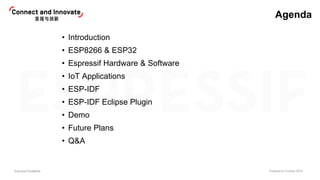 Espressif Systems EclipseCon Europe 2019
Agenda
• Introduction
• ESP8266 & ESP32
• Espressif Hardware & Software
• IoT App...